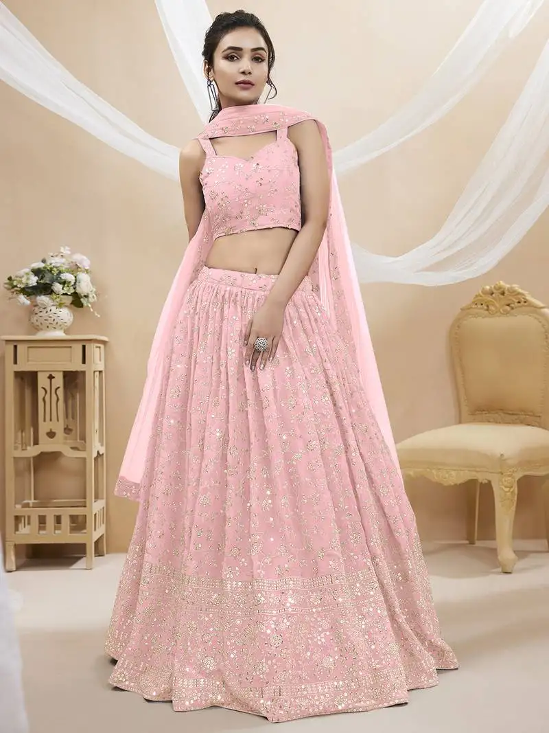 Baby pink georgette sequin thread work lehenga choli set