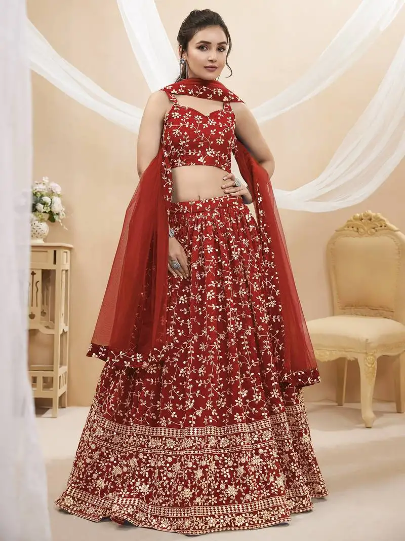Attractive red embroidered georgette wedding wear lehenga choli