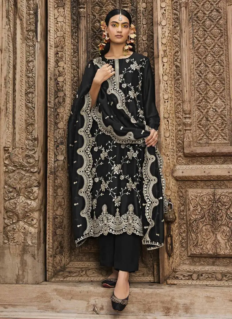 Black embroidered organza silk straight straight suit free size full stitched up to 42" size