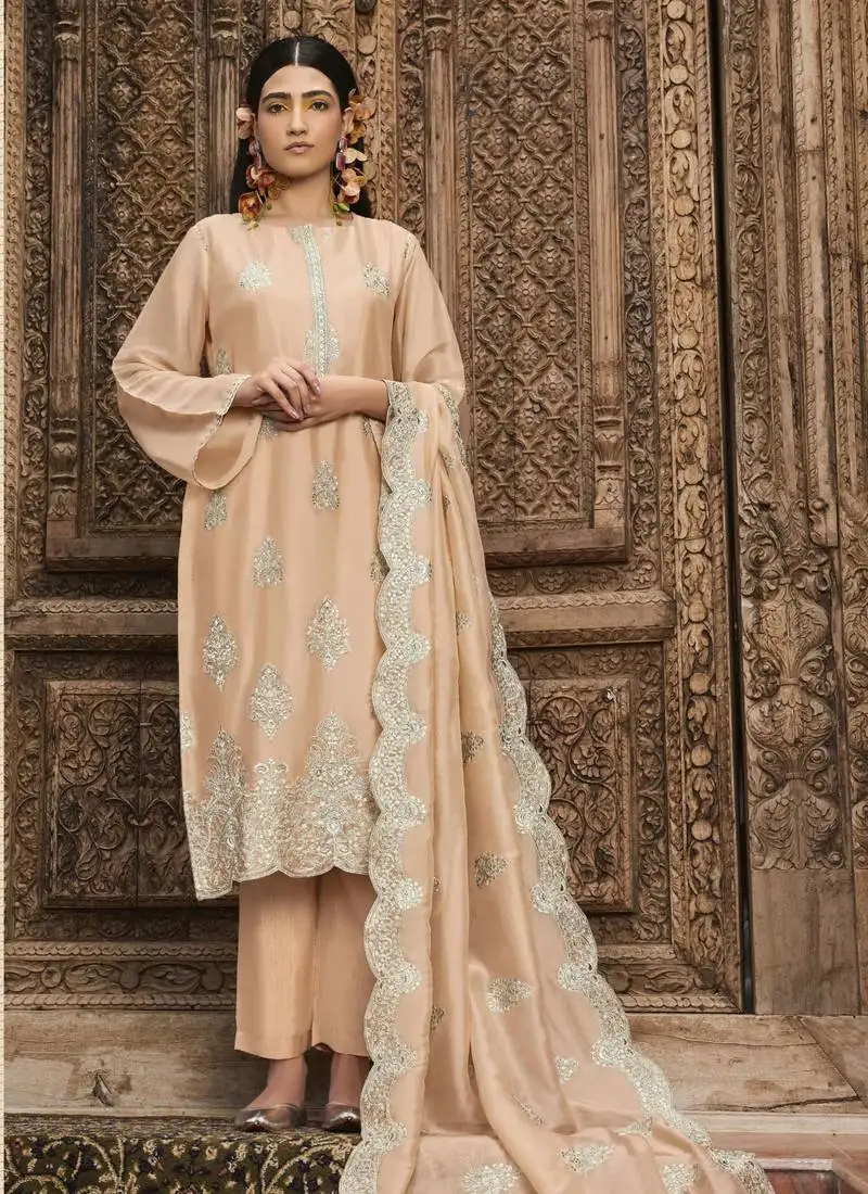 Peach embroidered organza silk straight straight suit free size full stitched up to 42" size