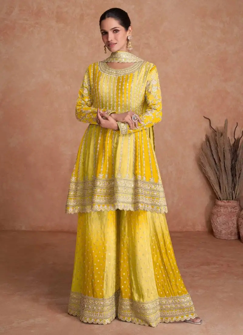 Chinnon embroidered mustard semi stitched anarkali suit up to 42" size
