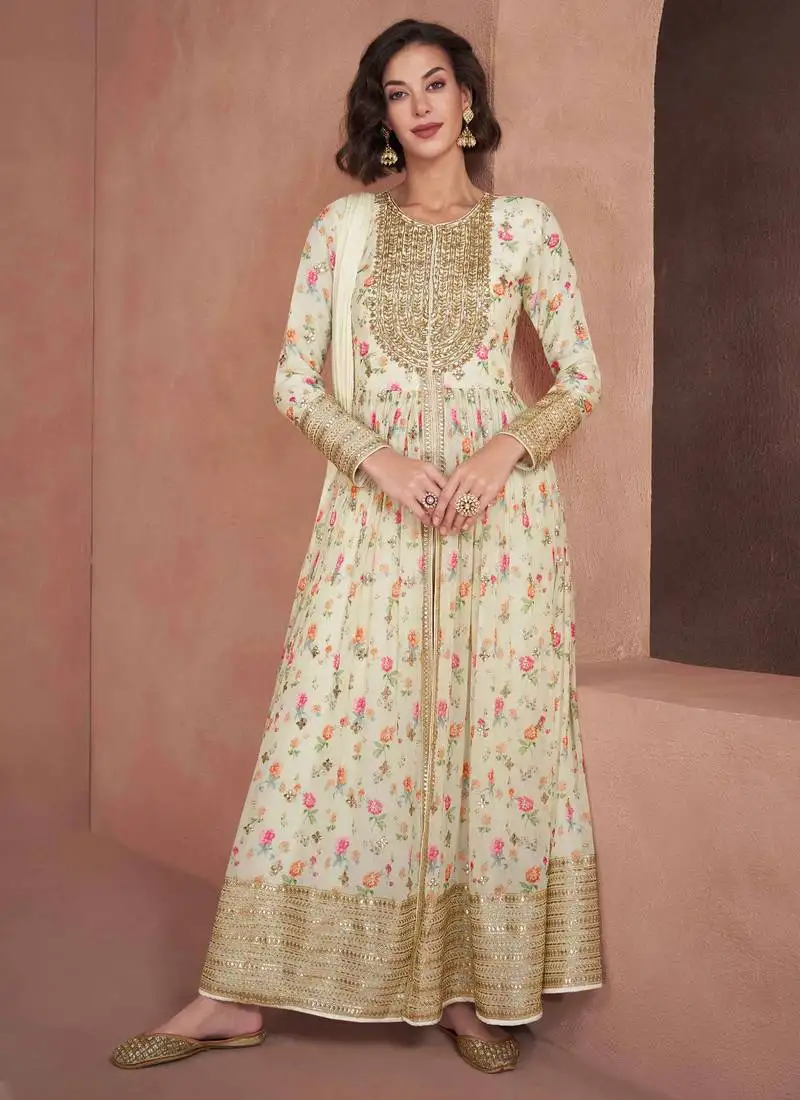 Georgette embroidered off white anarkali suit free size full stitched up to 42" size