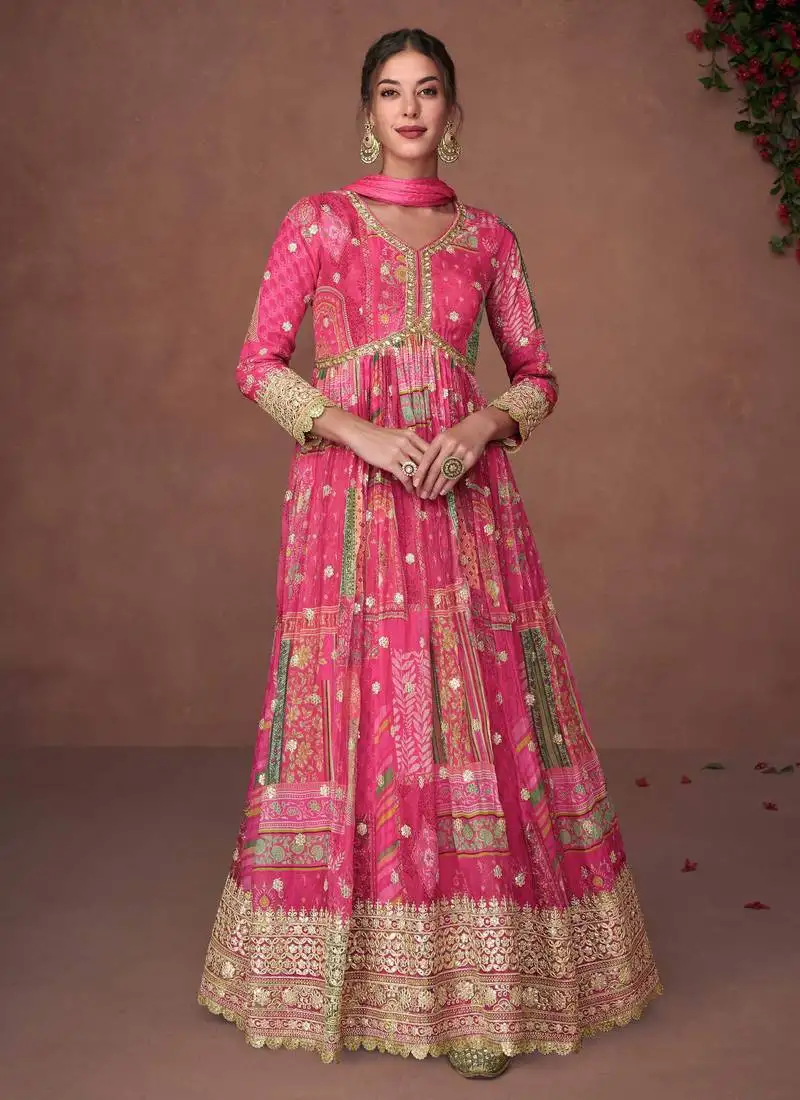 Organza silk embroidered pink anarkali suit free size full stitched up to 42" size