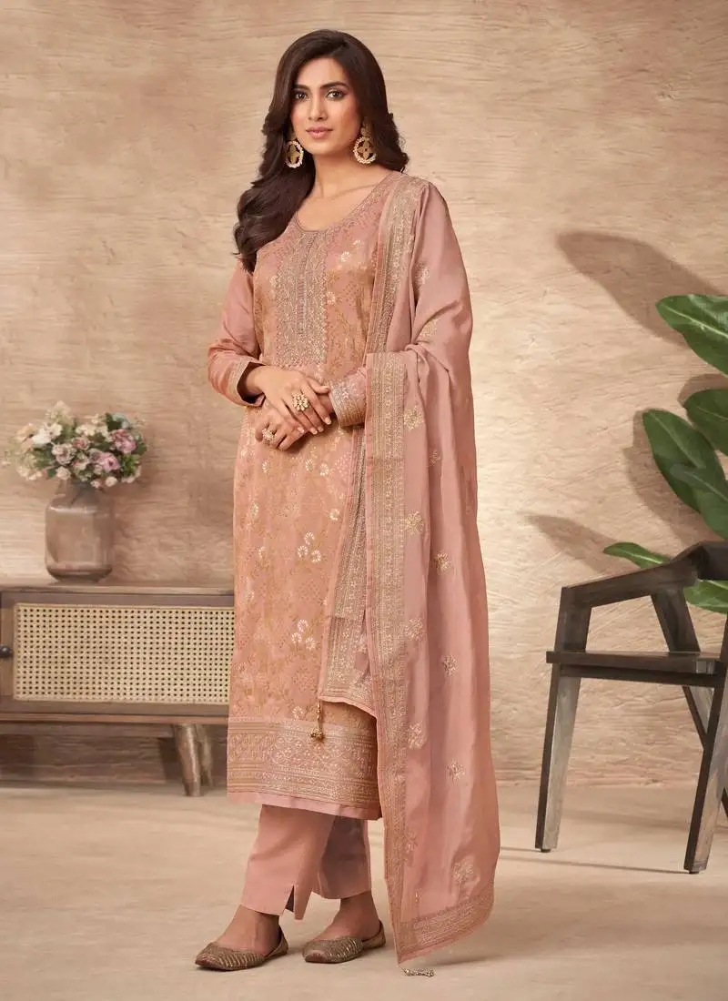 Dola jacquard embroidered peach straight suit free size full stitched up to 42" size