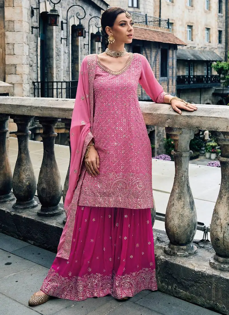 Gerogette embroidered pink straight suit free size full stitched up to 42" size