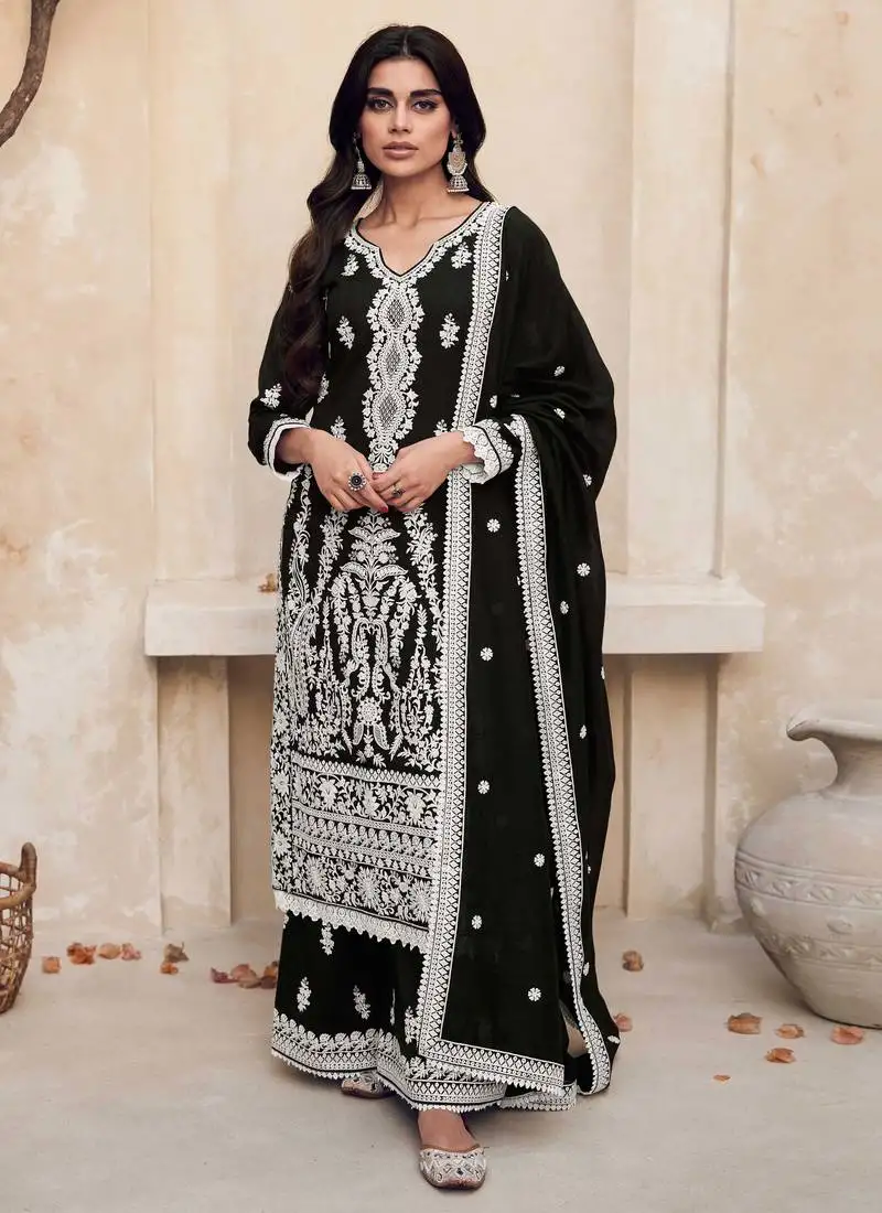 Black embroidered art silk straight palazzo suit free size full stitched up to 42" size