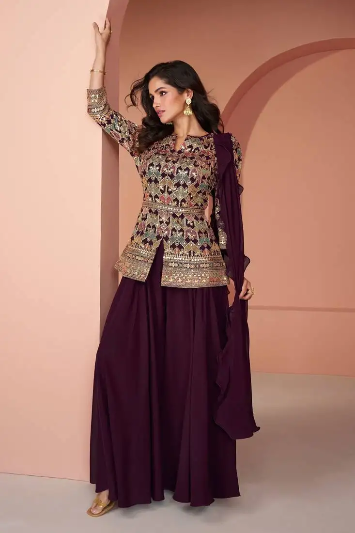 Wine georgette multicolor embroidered palazzo suit, size up to 42 semi stitched