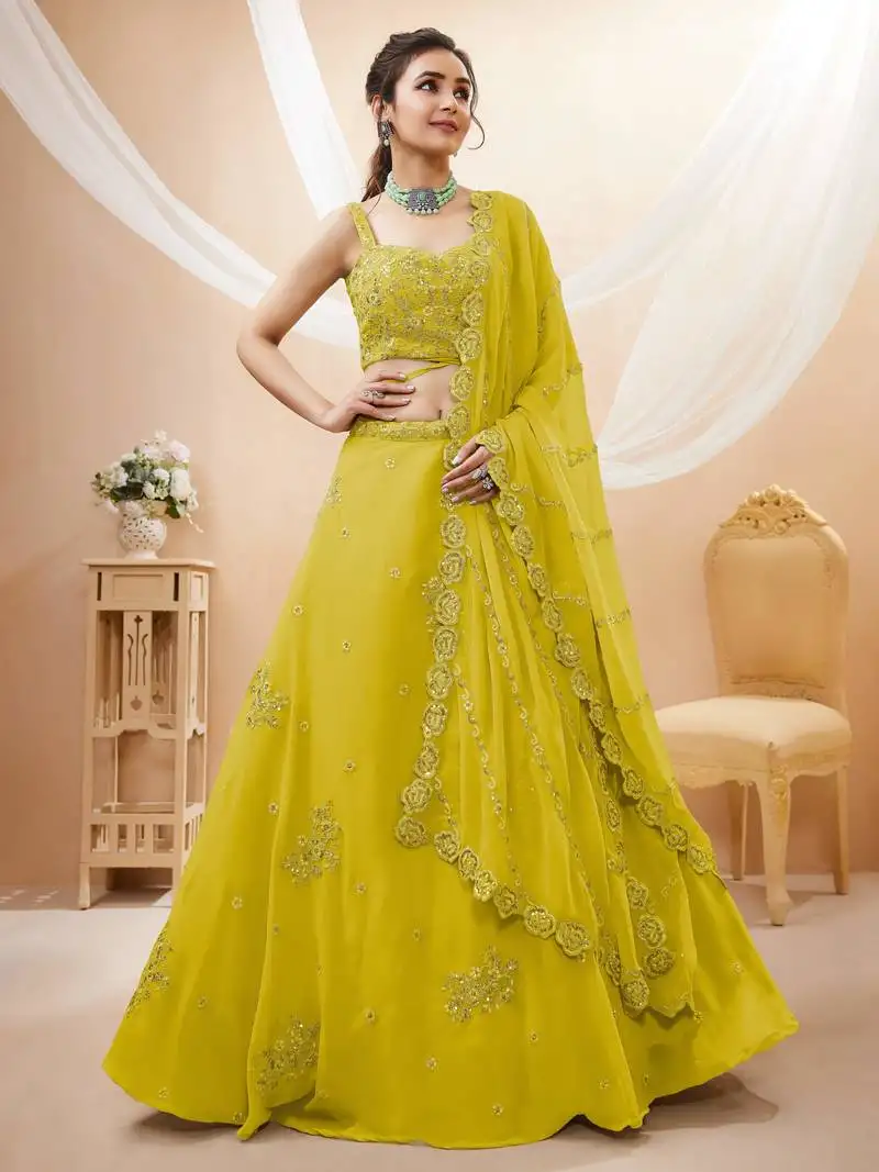 Adorable neon yellow sequins georgette wedding wear lehenga choli
