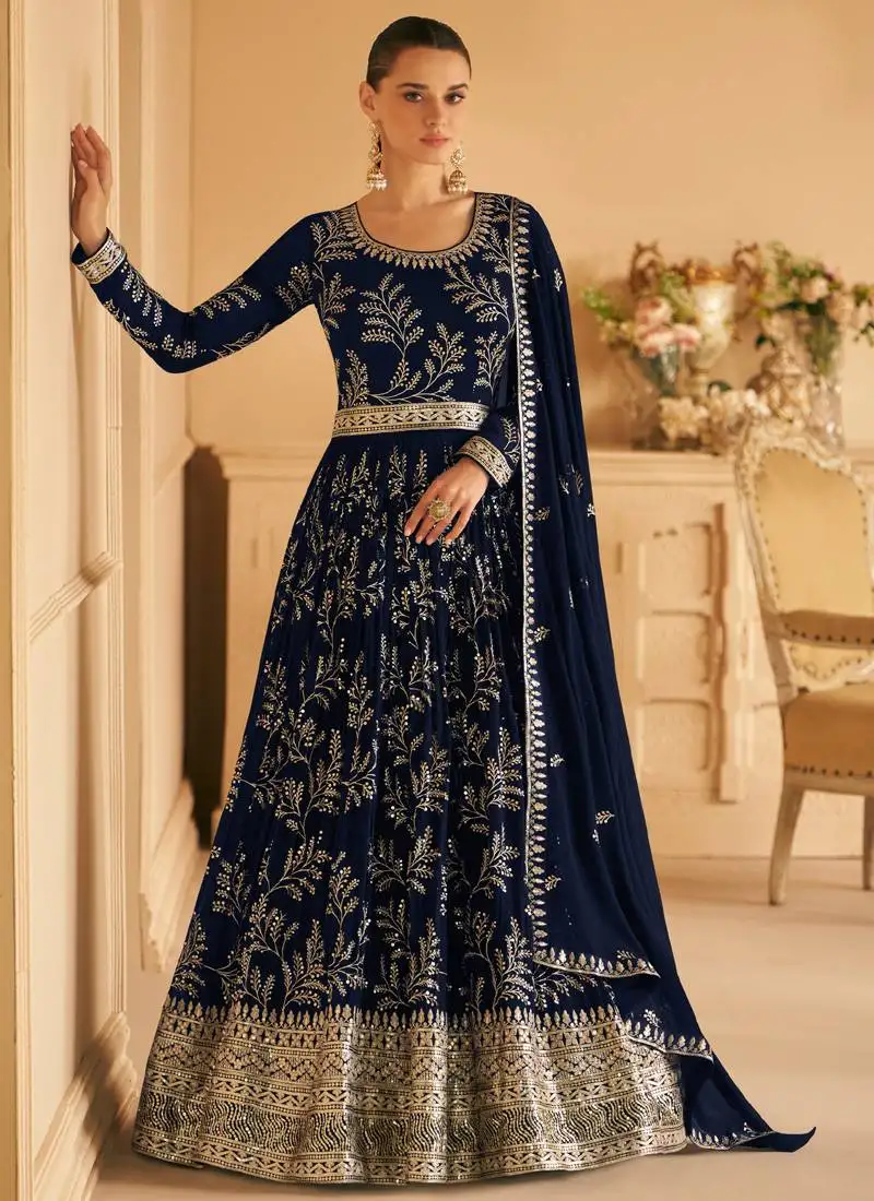 Royal blue georgette embroidery anarkali salwar kameez semi stitched