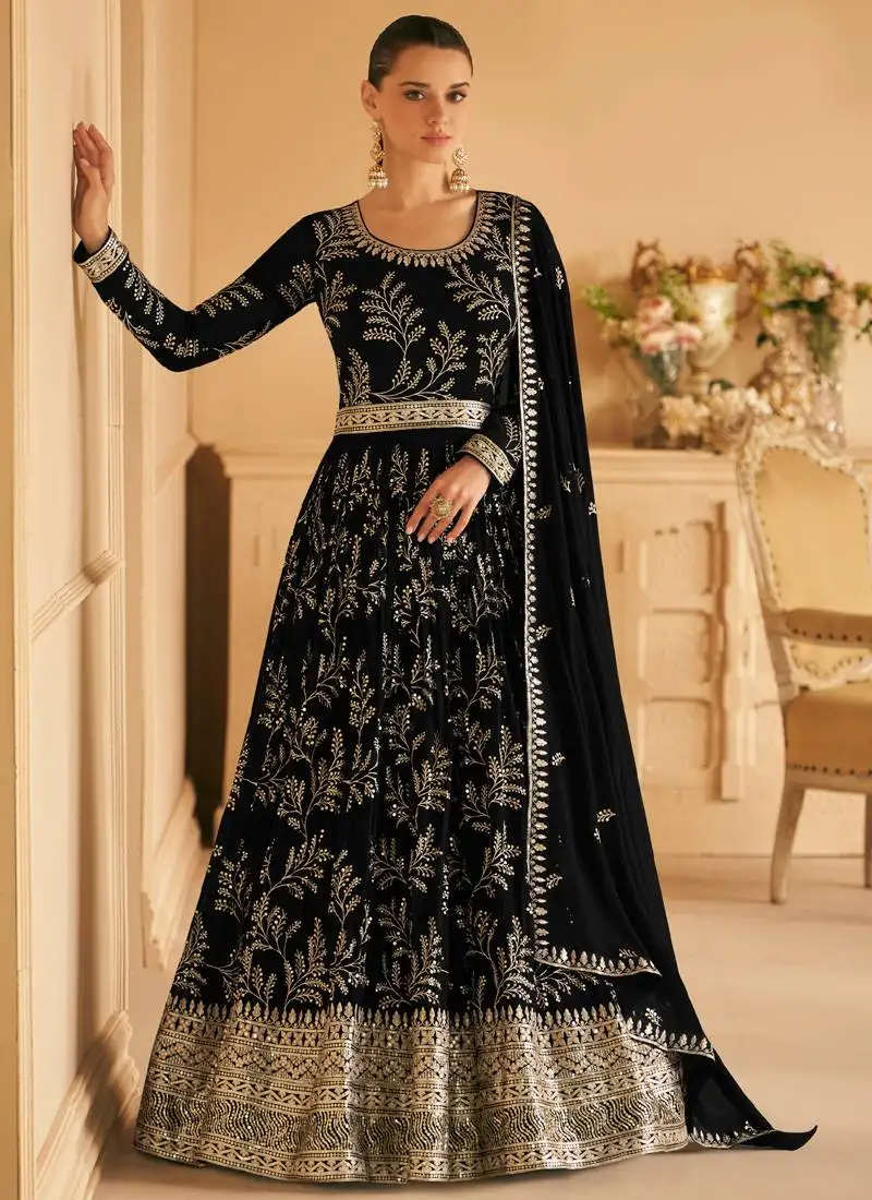 Black georgette embroidery anarkali salwar kameez semi stitched
