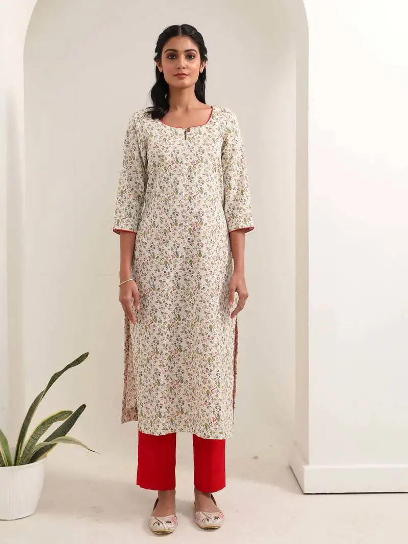 White floral printed kurta pant set stitched