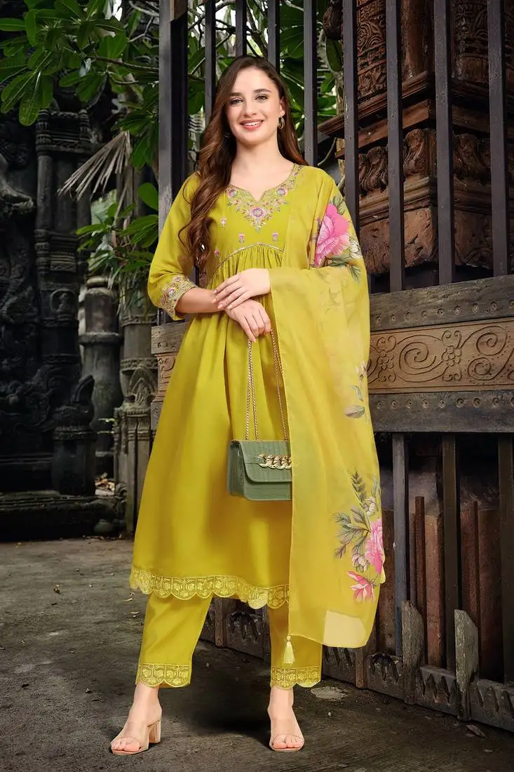 Yellow satin silk embroidery salwar suit set with floral printed dupatta for women stitched