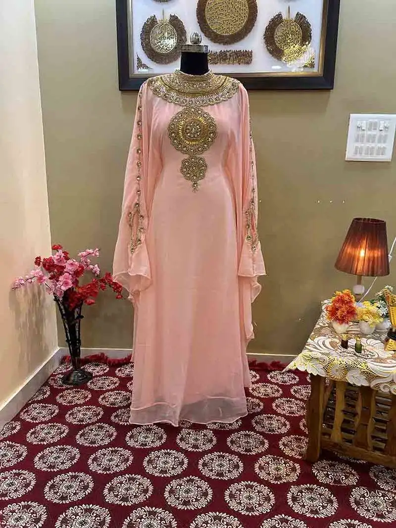 Peach georgette zari work moroccan kaftan for women