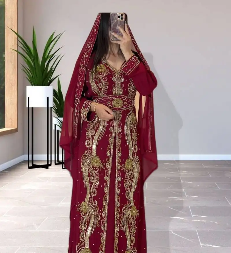 Maroon georgette zari embroidered moroccan kaftan with head scarf