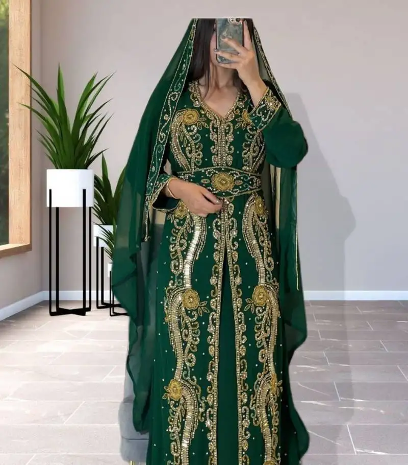 Green zari work moroccan kaftan with headscarf