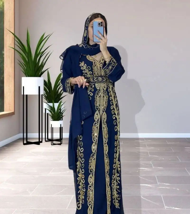 Navy blue georgette zari work kaftan for women