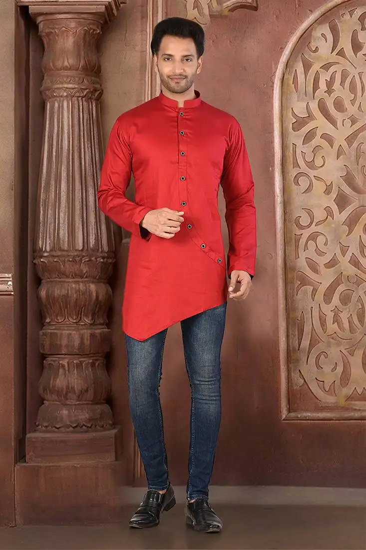 Ranak red cotton satin short kurta