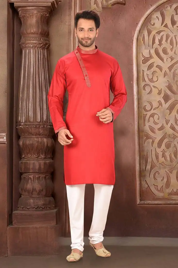 Ranak red cotton satin kurta pajama