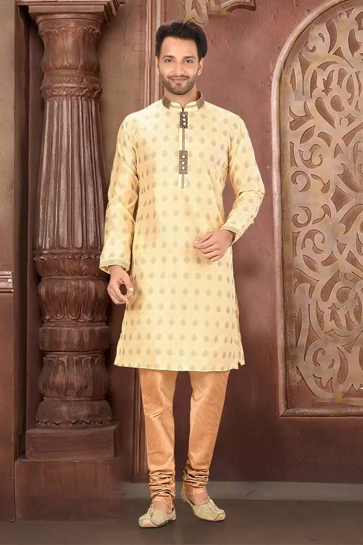 Ranak cream resham silk jacquard kurta pajama