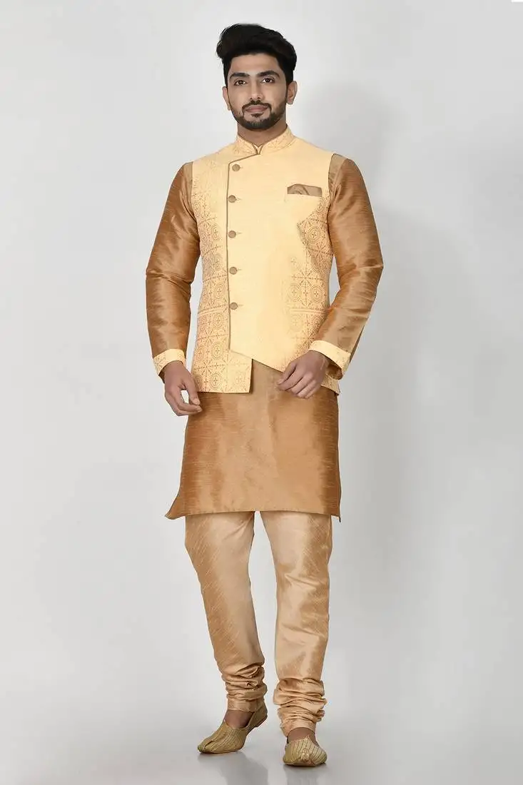 Ranak biscuite banarasi jacquard & dupion silk kurta pajama jacket