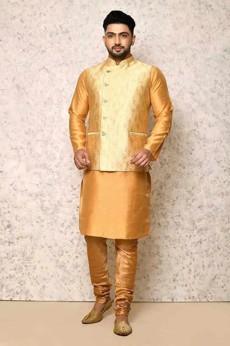 Ranak gold art silk & jacquard kurta pajama & jacket set