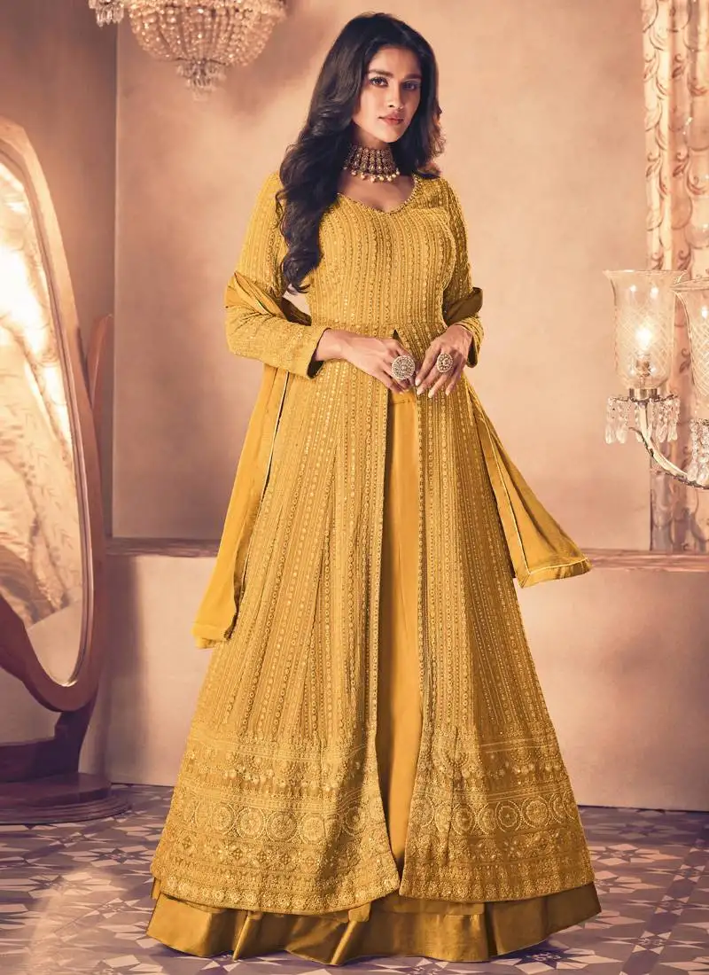 Yellow georgette embroidery pakistani salwar kameez semi stitched
