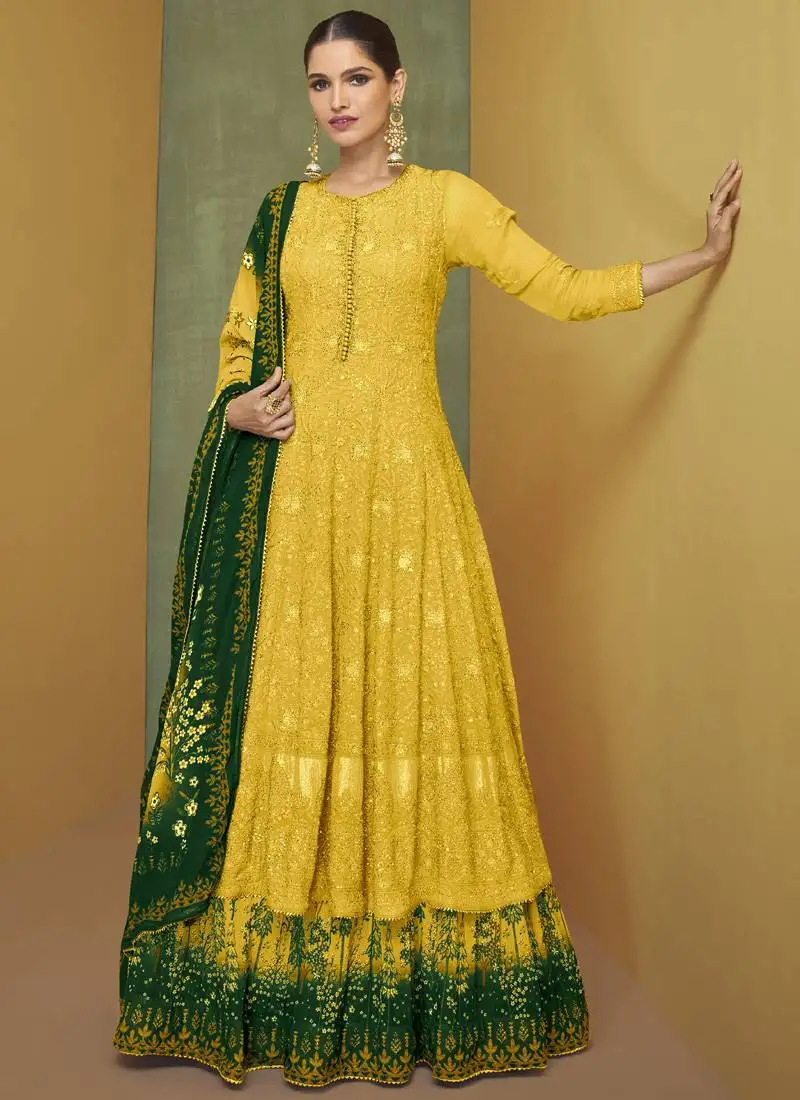 Yellow and green georgette resham embroidered anarkali set semi stitched