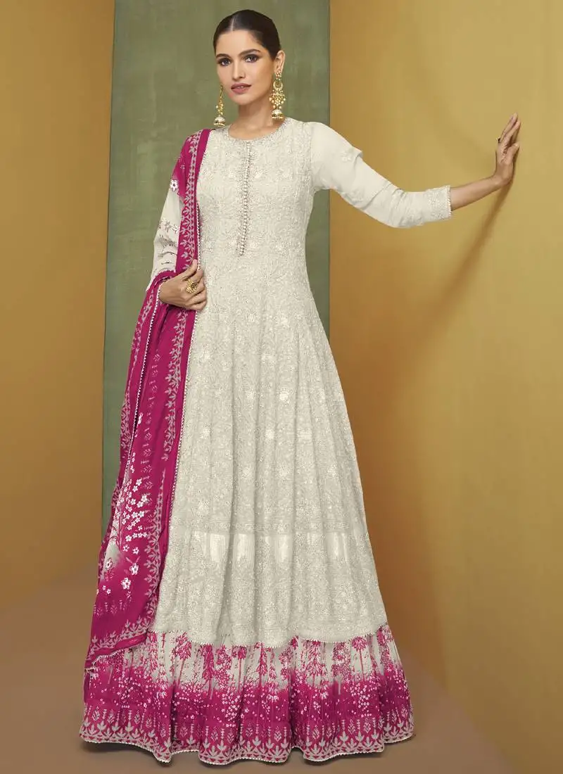 White georgette embroidery anarkali salwar kameez semi stitched