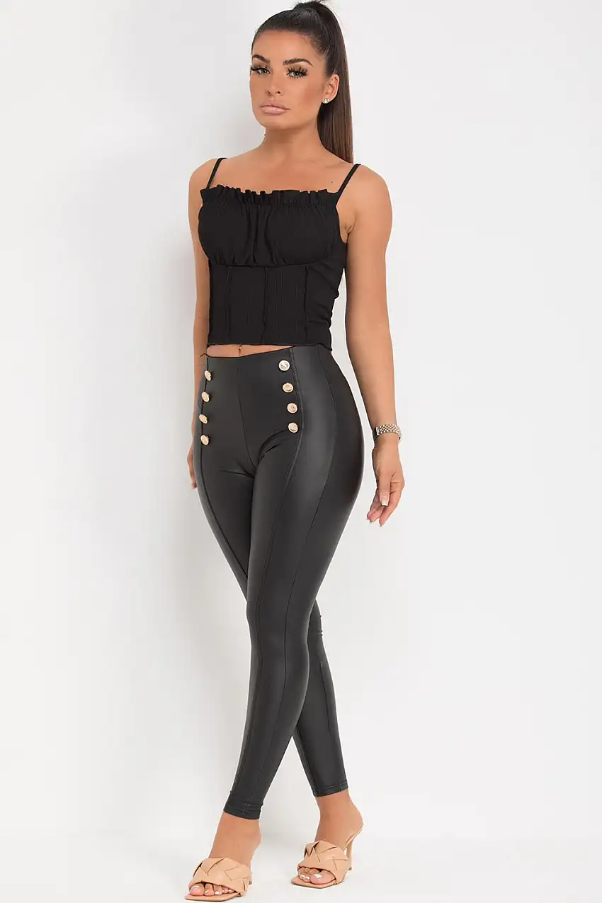 Black Faux Leather High Waist Leggings With Gold Buttons