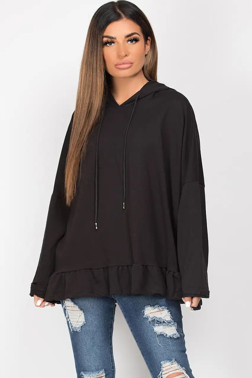 Black Frill Hem Oversized Hoodie