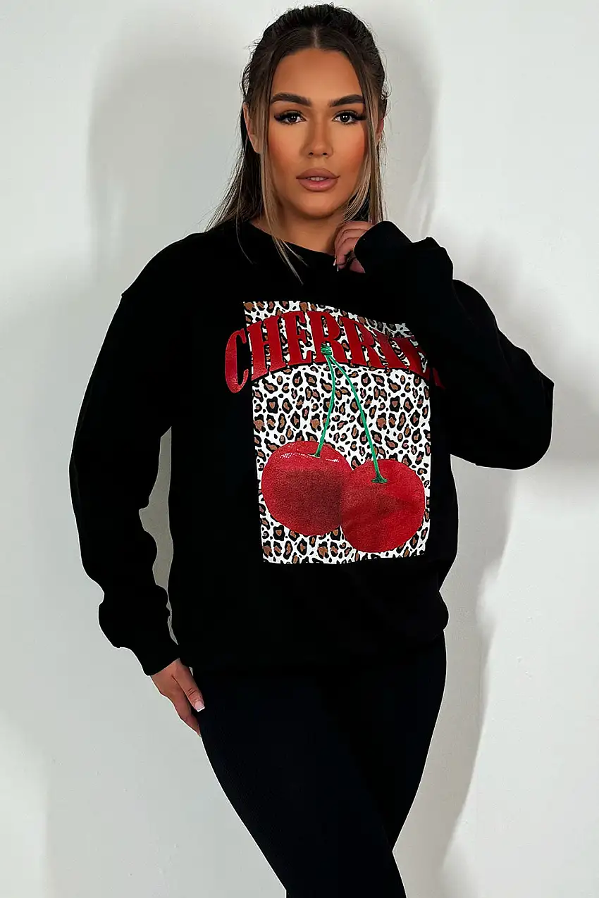 Leopard Cherry Printed Jumper Sweatshirt Black
