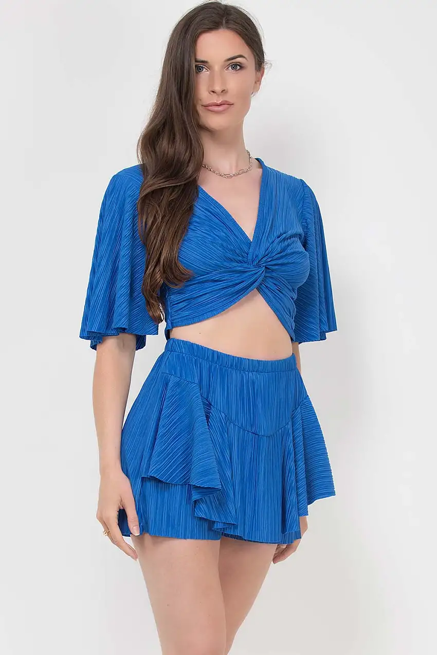 Crinkle Pleated Shorts And Top Co-Ord Set Blue