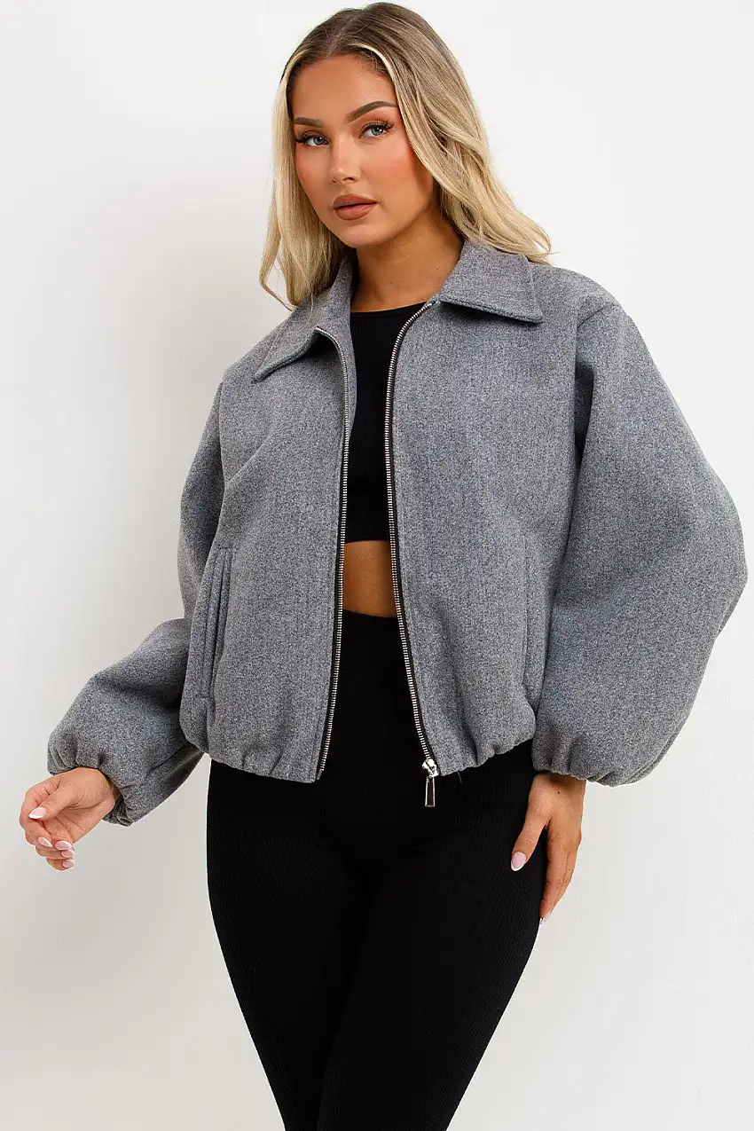 Puffed Bomber Jacket With Zip Grey