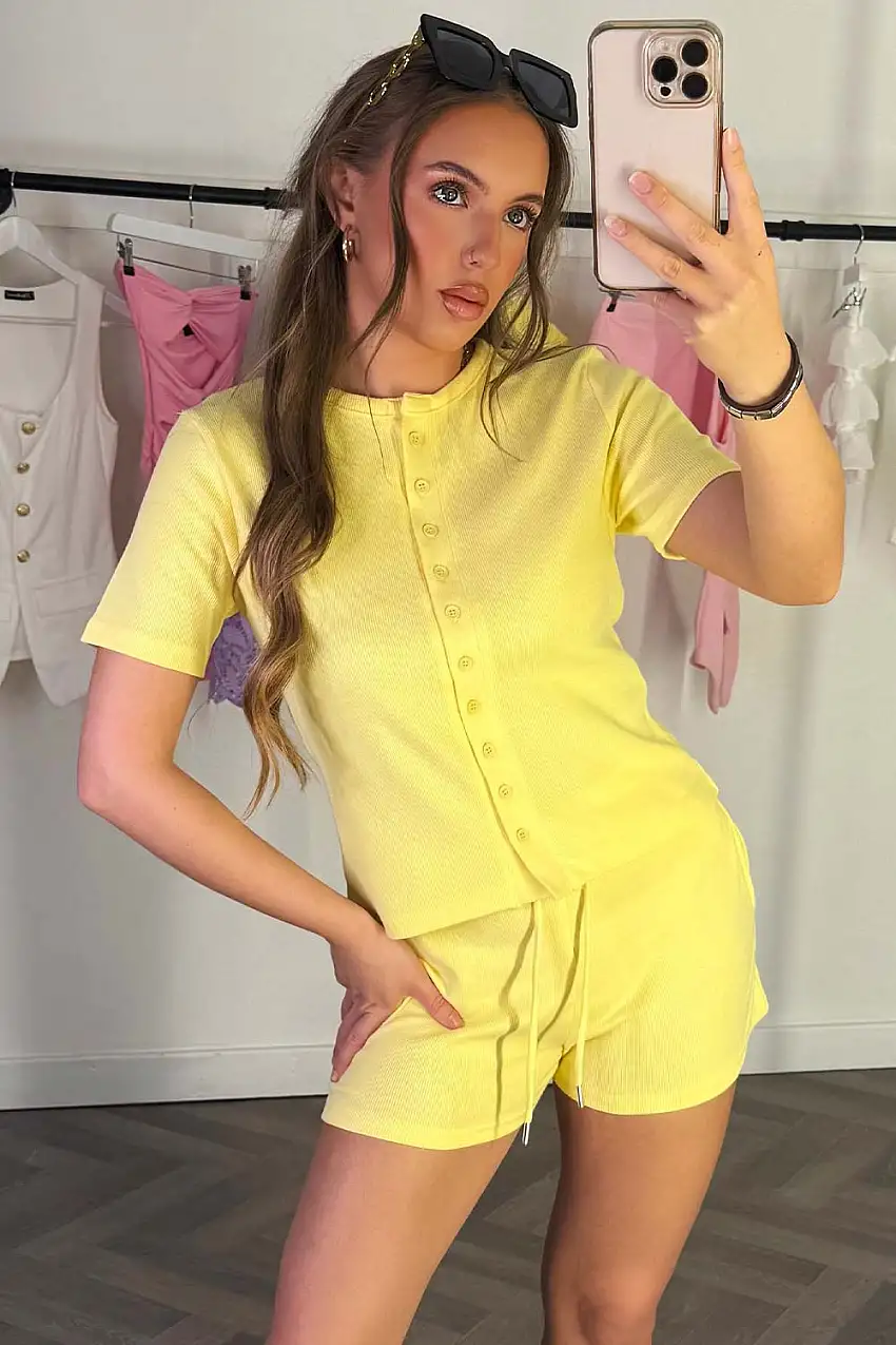Rib Button Up Top And Short Tracksuit Set Yellow