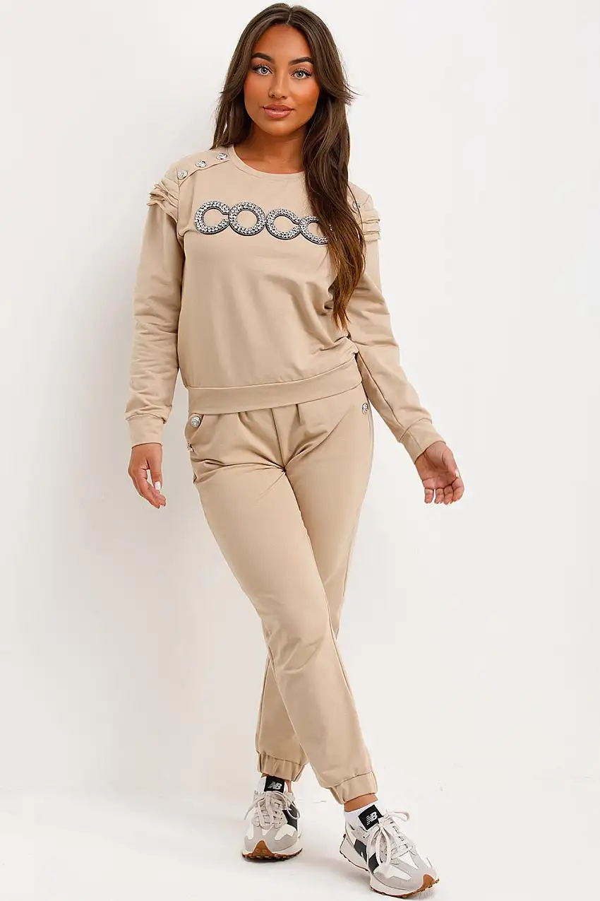 Gold Button Frill Shoulder Loungewear Set With CoCo Diamante Beige