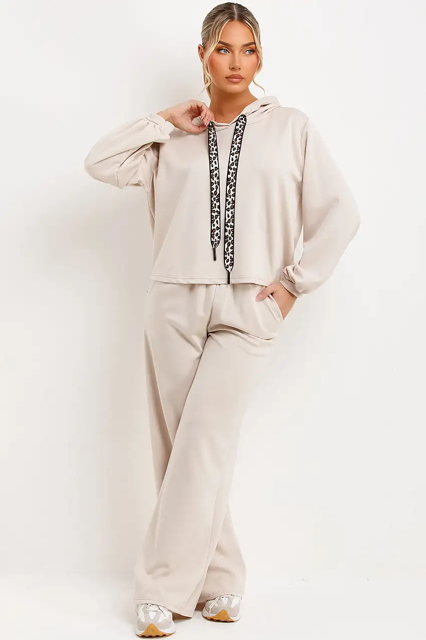 Beige Hoodie And Jogger Trouser Lounge Set With Leopard Print Straps