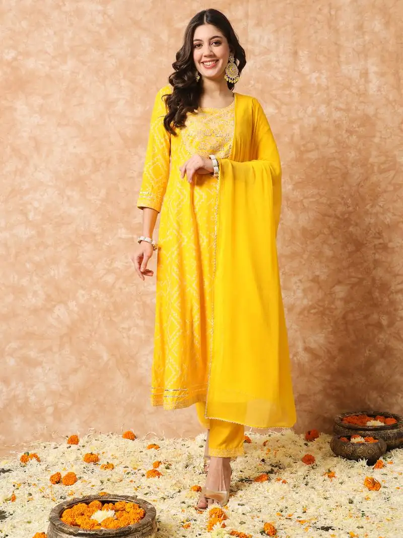 Akshuna rayon mirror work embroidered yellow anarkali suit