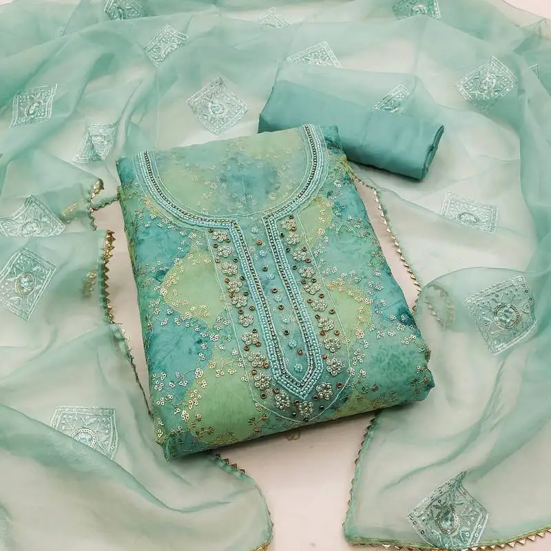 Turquoise organza hand work dress material with inner unstitched
