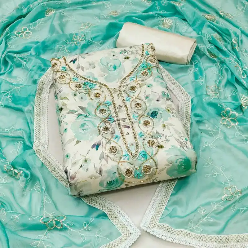 Turquoise modal butti with hand work dress material with inner unstitched