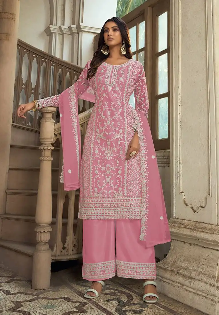 Baby pink net embroidery salwar suit semi stitched