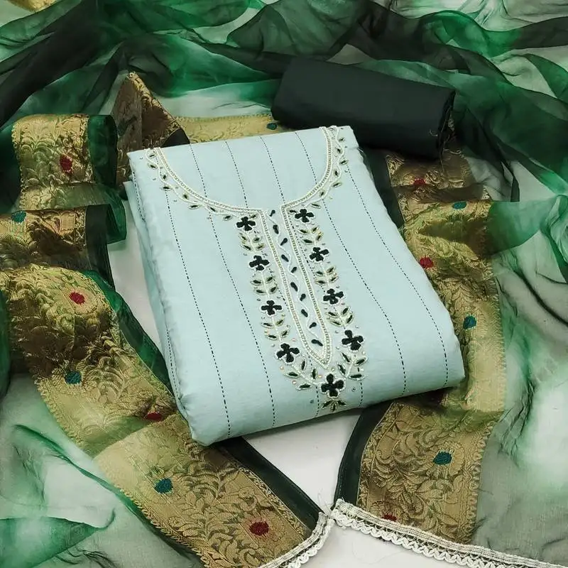 Green cambric cotton hand work dress material unstitched