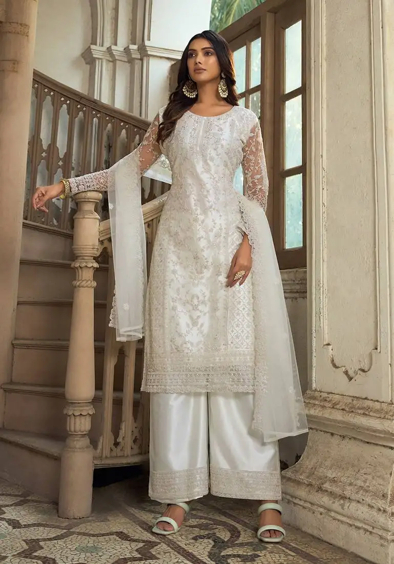 White net embroidery salwar suit semi stitched