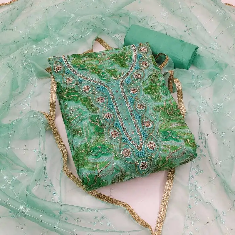 Turquoise green organza dress material with inner unstitched