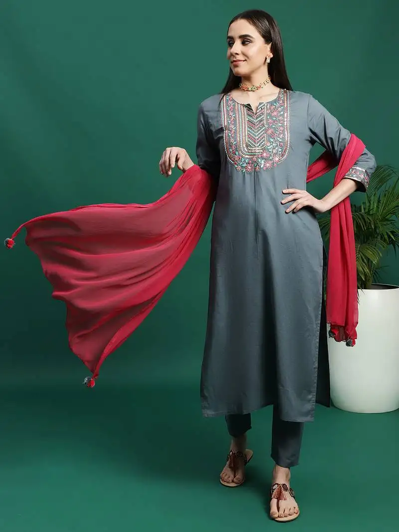 Women grey color embroidery embellished kurta pant with dupatta set stitched