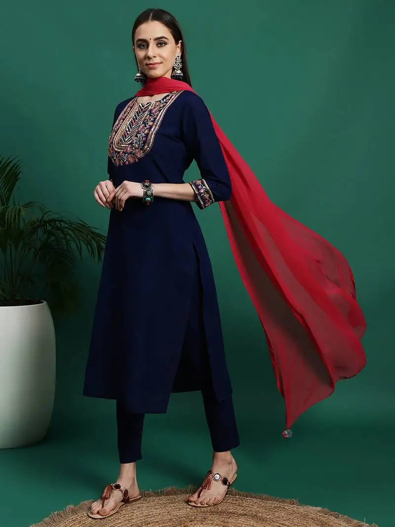 Women blue color embroidery embellished kurta pant with dupatta set stitched