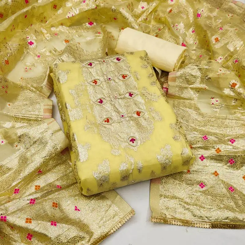Yellow modal banarasi hand work dress material with inner unstitched