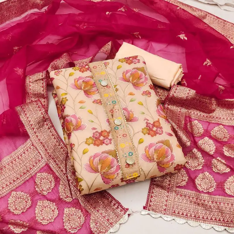 Cream organza dress material with inner unstitched