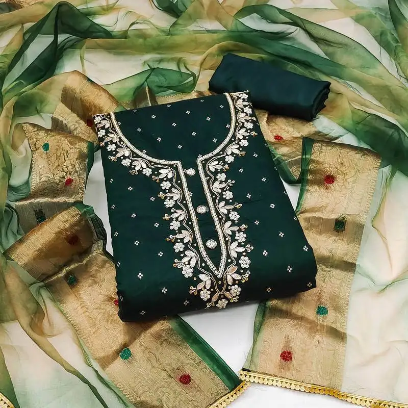 Bottle green modal butti hand work dress material with inner unstitched