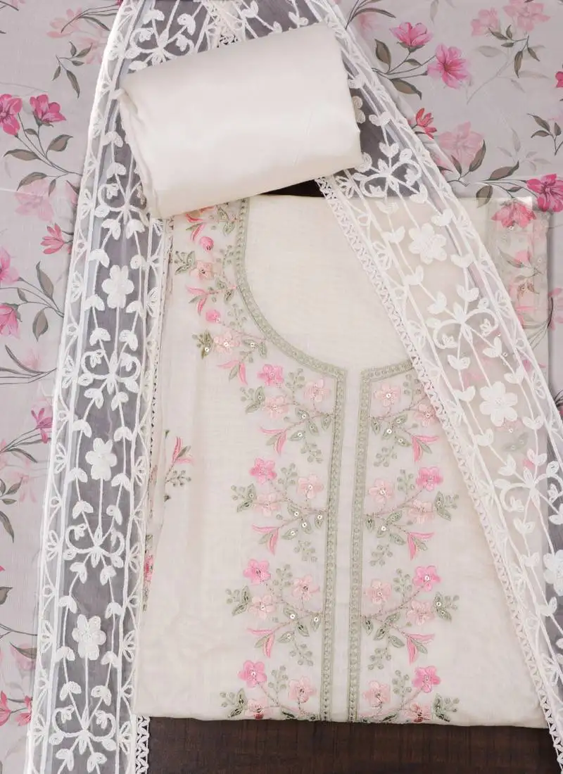 Beige embroidered unstitched dress material