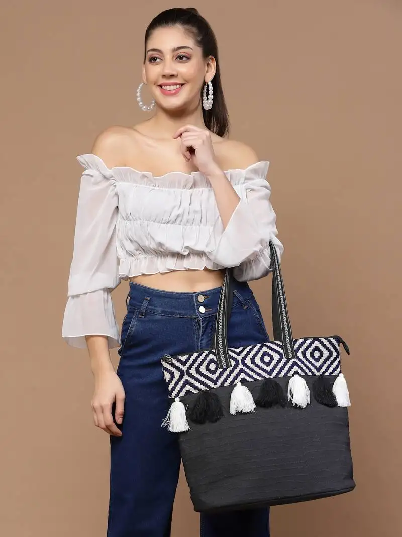 Kooky black & white boho jacquard handloom cotton canvas tote bag